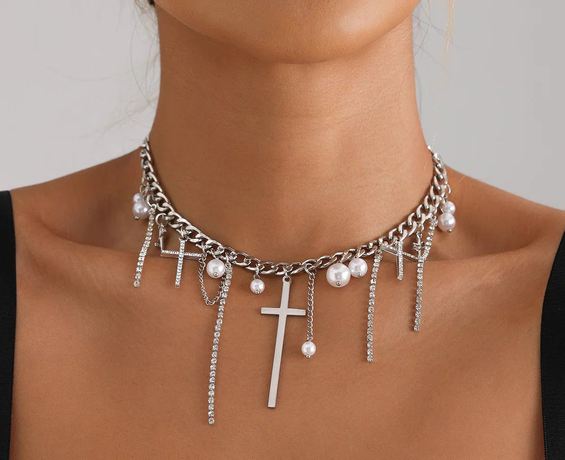 Diamond Cross Tassel Clavicle Chain Fashion Necklace